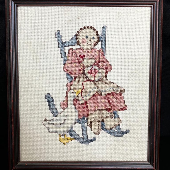 Vintage Cross Stitch Lady on Rocking Chair with Duck framed 8" x 9" - Picture 1 of 7